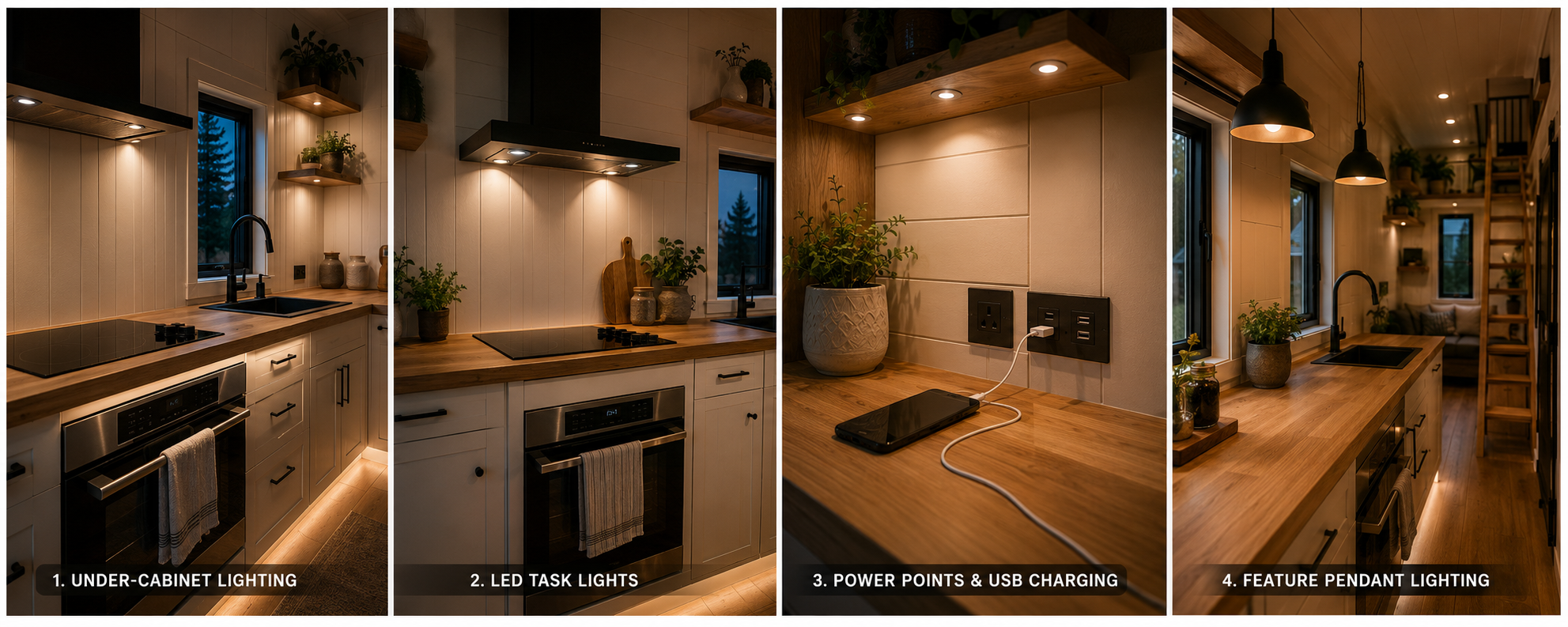 Tiny house kitchen lighting and USB options